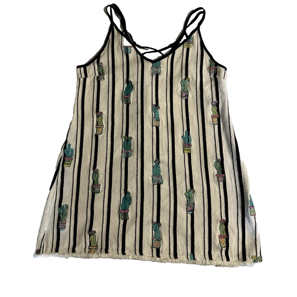 Judith‎ March Large Boho Cactus Embroidered Mini Dress Striped Fringe Hem Cotton